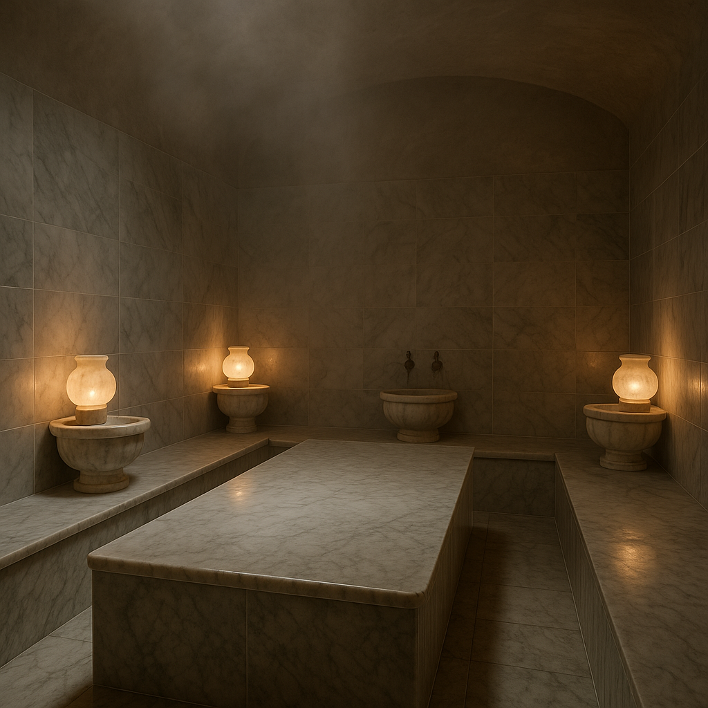 Светильник из мрамора для хамама в просторном SPA интерьере