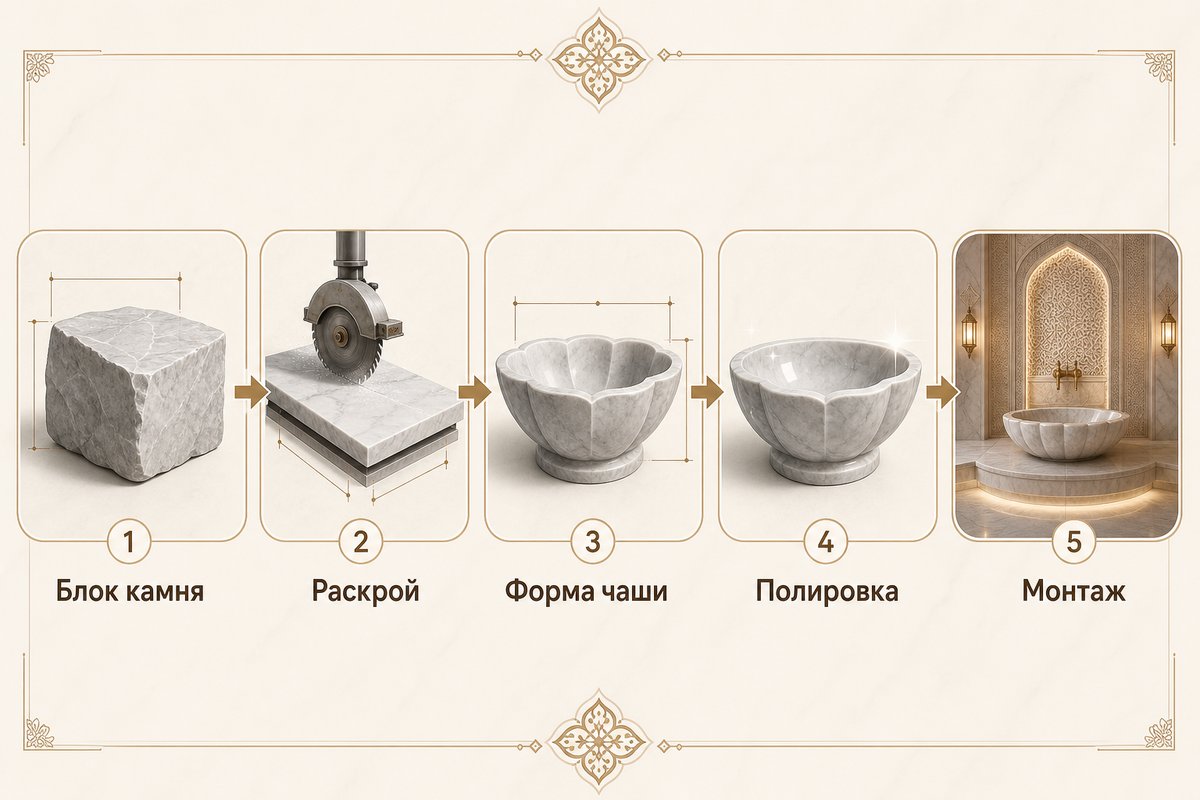 Из чего складывается цена мраморной курны для хамама: блок камня, раскрой, формирование чаши, полировка и монтаж