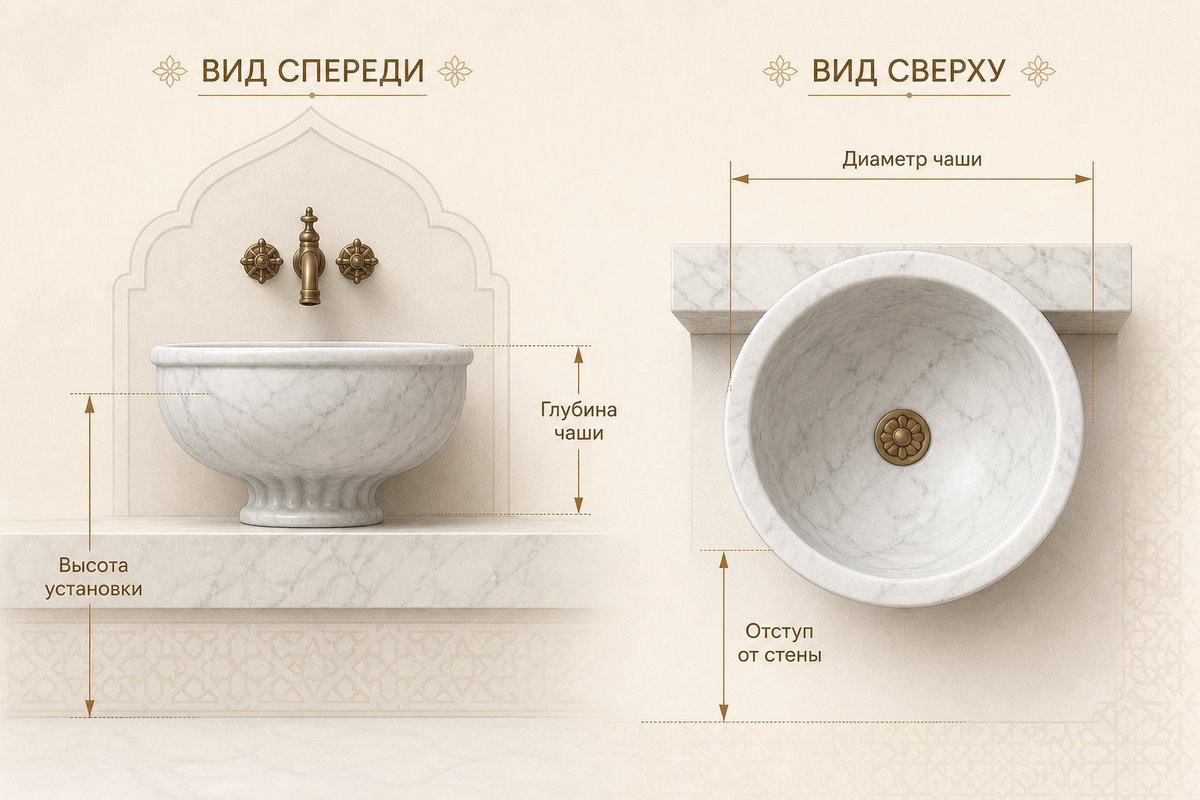 Схема размеров мраморной курны для хамама: диаметр и глубина чаши, высота установки и отступ от стены