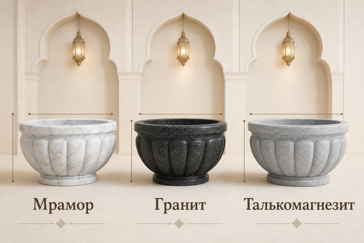 Сравнение курн для хамама из разных камней: мраморная, гранитная и из талькомагнезита