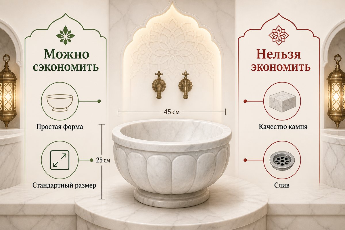 Инфографика: на чем можно сэкономить при заказе недорогой мраморной курны для хамама, а на чем экономить нельзя — качество камня и слив